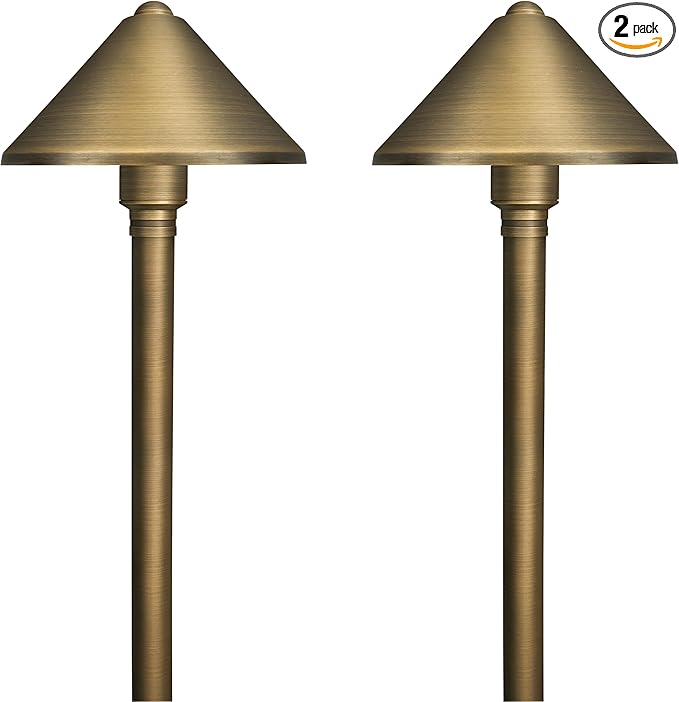 GKOLED Solid Brass Landscape Path Lights (5" Shade, 20" Tall), Low Voltage LED 3W 12-24V AC/DC Conehead Path Lighting, 2700K Outdoor Waterproof Walkway Light, with Stake and G4 Bulb, 2 Pack