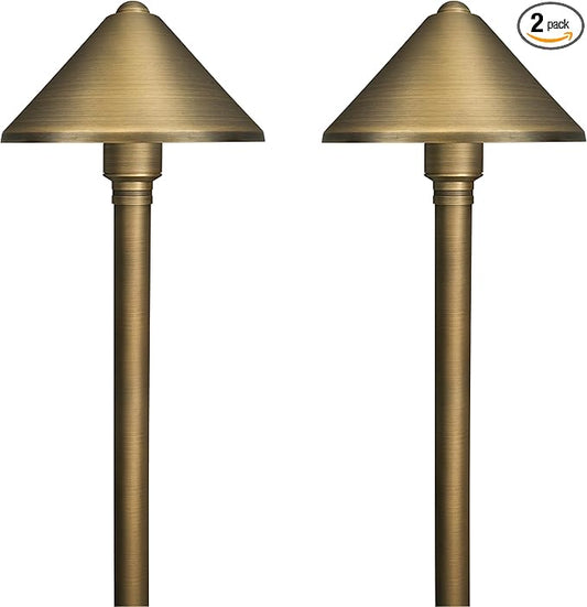 GKOLED Solid Brass Landscape Path Lights (5" Shade, 20" Tall), Low Voltage LED 3W 12-24V AC/DC Conehead Path Lighting, 2700K Outdoor Waterproof Walkway Light, with Stake and G4 Bulb, 2 Pack