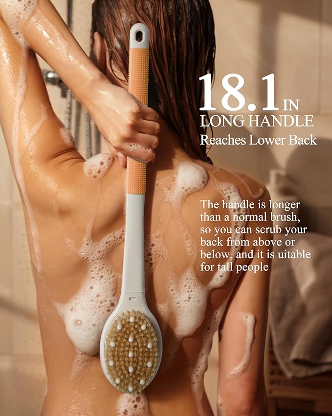 Shower Brush for Massage Dry Brushing: Back Scrubber for Shower with 18.1" Anti Slip Long Handle - Bath Body Brush for Lymphatic Drainage Exfoliator Improving Skin Health for Women Men Elderly(Orange)
