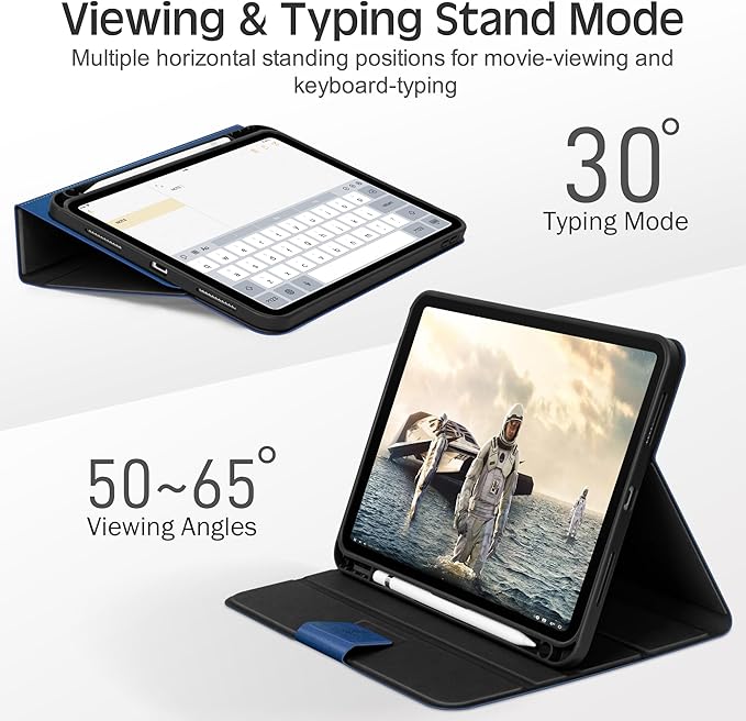 KingBlanc Case for iPad (A16) 11th Generation 11-inch 2025, iPad 10th Generation 10.9" 2022 with Pencil Holder, Vegan Leather Protective Stand Cover, Auto Sleep Wake, Multi-Angle Viewing/Typing, Blue