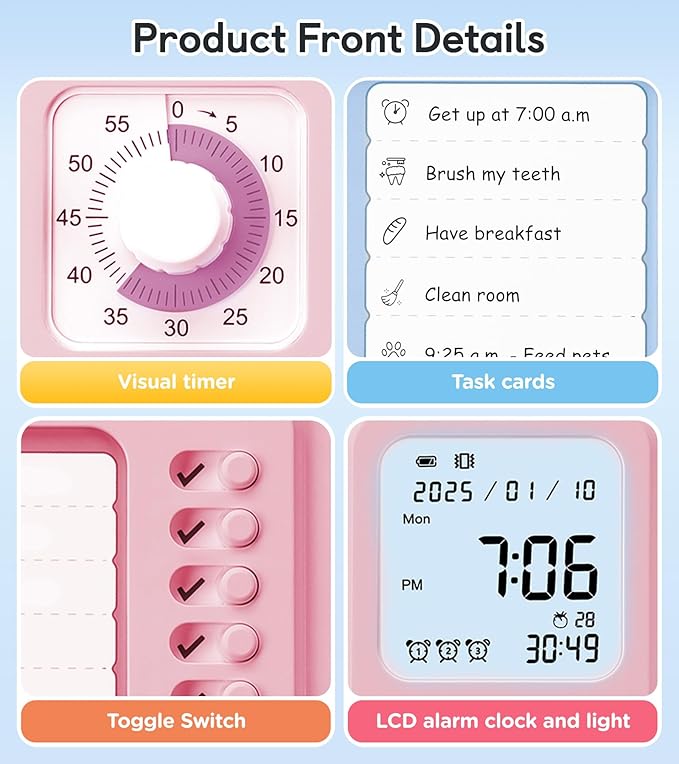 3-in-1 Visual Timer & ADHD Tool for Kids Adults, ADHD Task Timer with Chore Chat Board Schedule, Homeschool (Pink)