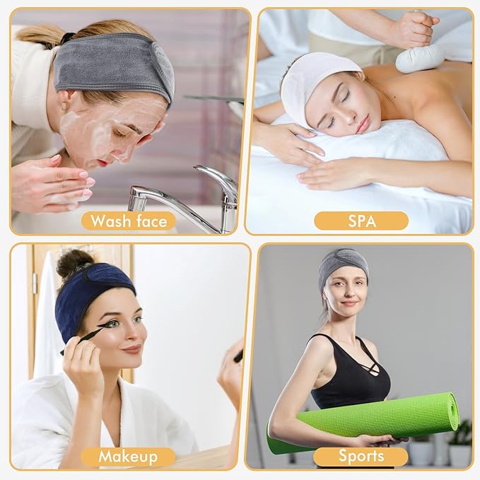 SINLAND Spa Headband for Women 6 Counts Ultra Soft Adjustable Makeup Hair Band with Magic Tape, Stretch Head Wrap for Bath, Shower, Facial Mask, Yoga