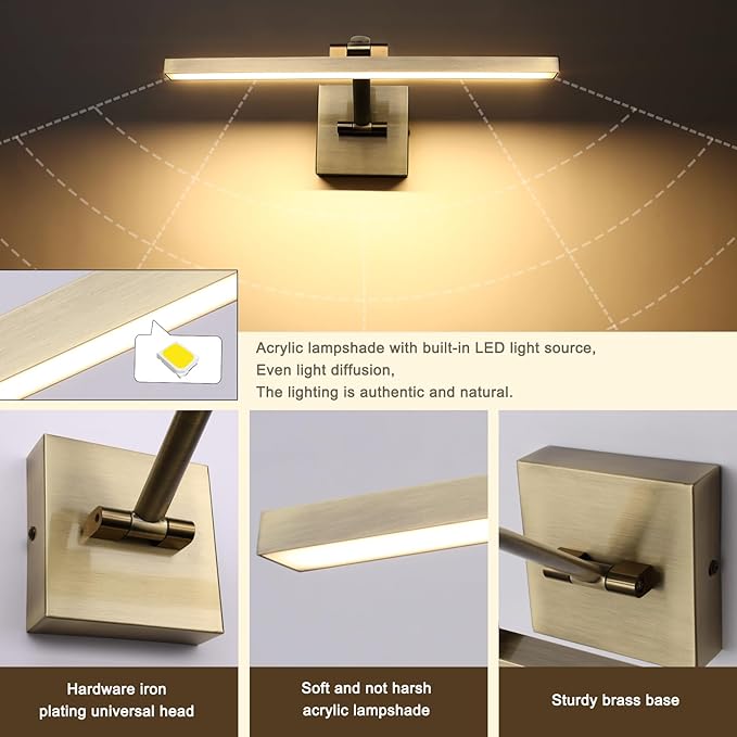 LED Modern Dimmable Picture Lights for Wall 15.75 Inch Hard-Wired Picture Frame Lights for Paintings Gallery Light with Adjustable Swing Arm Display Lights For Artwork, 7W, Warm White Antique Bronze