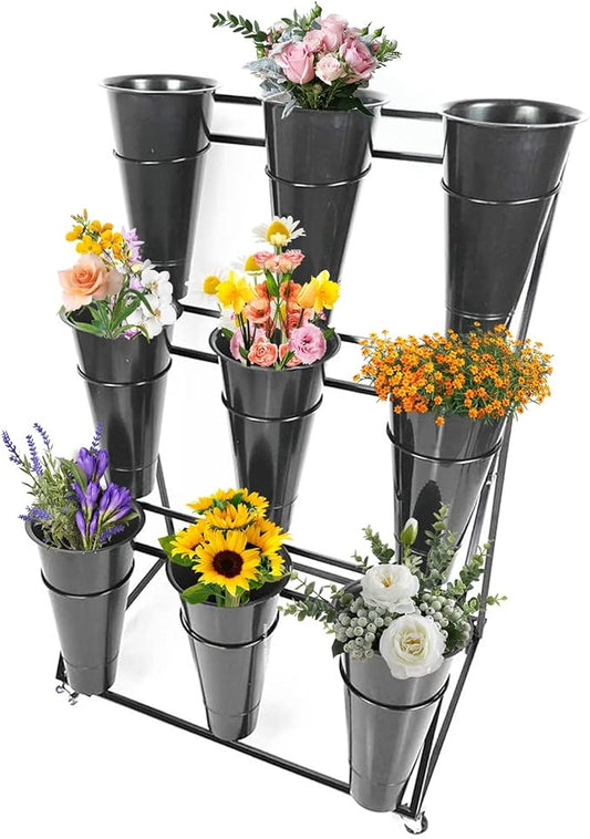 Flower Display Stand, Mobile Plant Cart shelve with Wheels, with Plastic Buckets, Easy to Install, Stepped Plant Stand, Suitable for Indoor and Outdoor Balcony Courtyard Garden Art Exhibitions ( Color