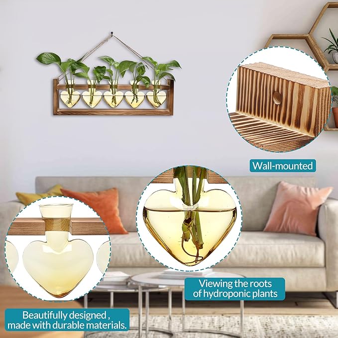 Plant Terrarium Hanging Propagation Stations Gift for Women Air Plants Holder with Wooden Stand Heart Glass