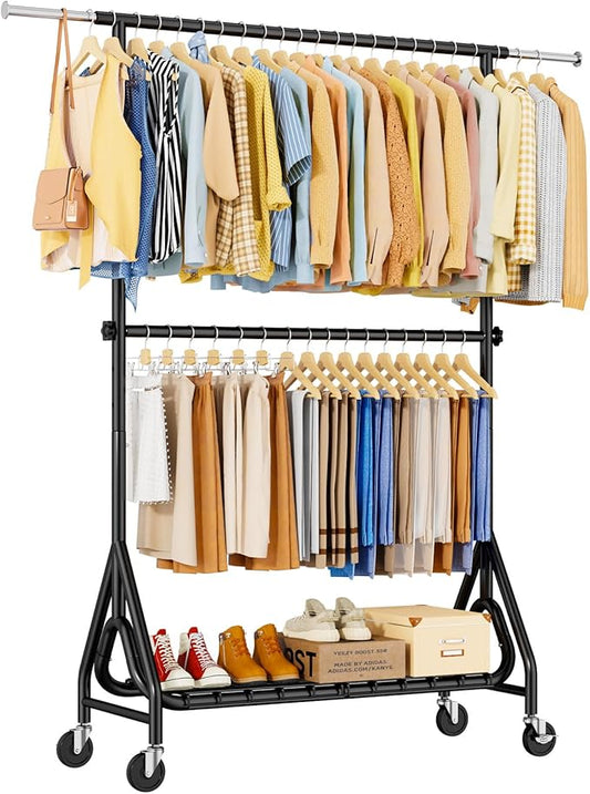Heavy Duty Clothes Rack for Hanging Clothes, Double Rods Clothing Rack with Lockable Wheels, Rolling Metal Garment Racks Heavy Duty, Portable Wardrobe Closet Racks, Black