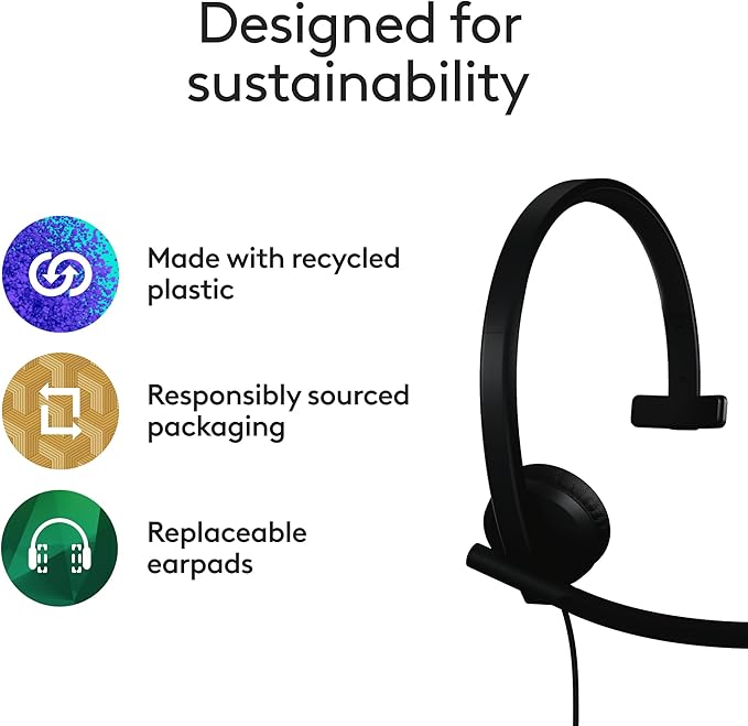 Logitech H570e USB Headset with Microphone for PC and Mac, USB-A Wired Headset with Mono Sound, Noise-Canceling Mics and Inline Controls, Certified for Microsoft Teams, Black