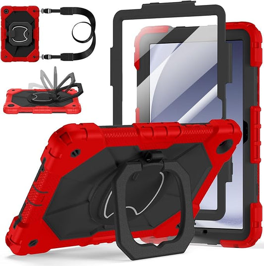 Case for Samsung Galaxy Tab A9 Plus 11 Inch 2023(SM-X210/X216/X218), Auorld Rugged Case for Samsung Galaxy A9+ Tablet with Screen Protector 360 Rotating Stand Shoulder Strap Pen Holder, Black Red