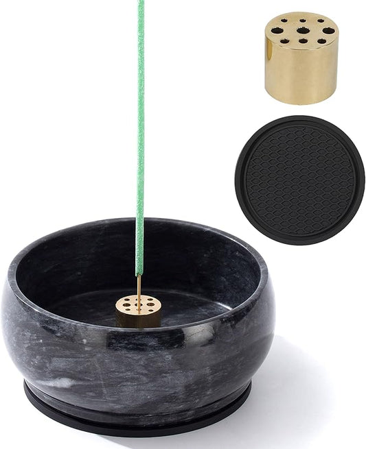 Incense Holder, Incense Burner ash Catcher with Brass 9 Holes Incense Stick Holder for Home Decor Yoga Spa Madiation (Natural Black Marble) Birthday Gifts for Women