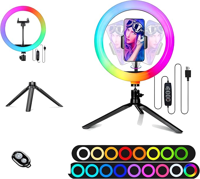 10" Selfie Ring Light with 4" Desktop Tripod Stand & 1 Phone Holder, LED Ringlight with Dimmable Modes(RGB) for Makeup/Photography/Videos/Vlog/TikTok (STDLR10-V2)