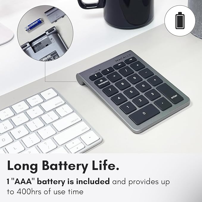 Macally Bluetooth Number Pad for Laptop - Wireless Numeric Keypad - 22 Key Numeric Keypad for Data Entry, Numpad Compatible with MacBook, iPad, iPhone, iOS, Laptop, PC, Android