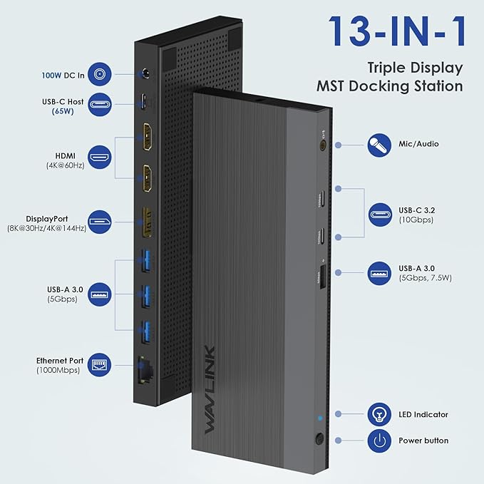 WAVLINK USB C Docking Station Dual Monitor Triple Display USB Type C to Dual HDMI Dock, 2 HDMI, DisplayPort, 100W PD3.0 for Laptop, Ethernet, 4 USB 3.0, 2 USB C, Audio