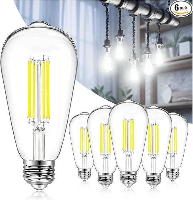 DAYBETTER Vintage LED Edison Bulbs, E26 Led Bulb 60W Equivalent, Dimmable Led Light Bulbs, High Brightness 6W 800 LM Daylight White 5000K, ST58 Antique LED Filament Bulbs, Clear Glass, 6 Pack