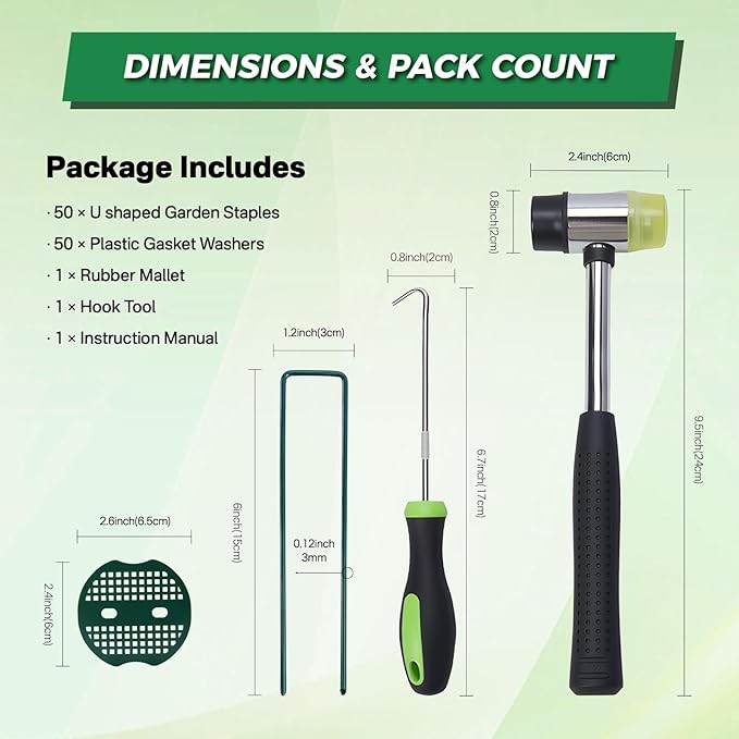 100pcs Green Landscape Stakes Staples 6 Inch +100pcs Gaskets+Hook Tool+Rubber Mallet, Heavy Duty Coated Landscape Staples, Galvanized Lawn Spikes Yard Ground Pin for Sod Artificial Grass Weed Barrier