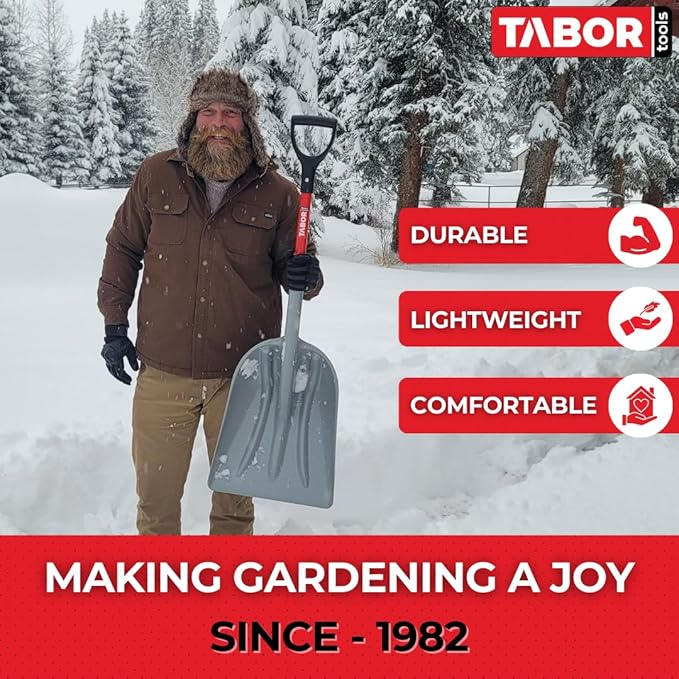 TABOR TOOLS Snow Scoop with Fiberglass Handle, 15 Inch Wide Blade, Large Snow Shovel and Mulch Scoop with Comfortable D Grip Handle. J218A. (Snow Scoop, Short 26 Inch Handle)