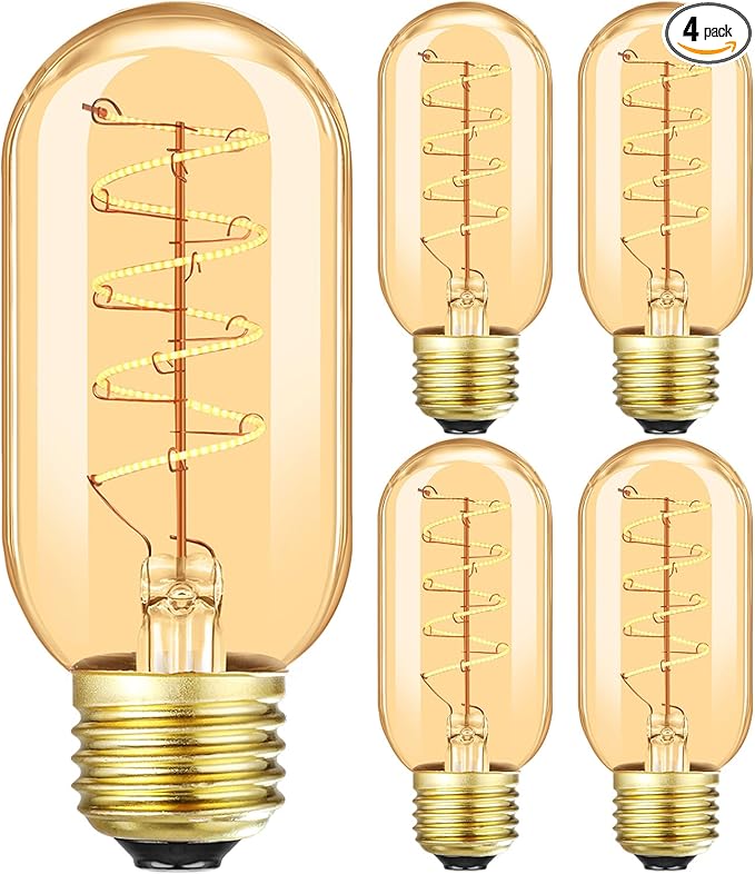 Vintage LED Spiral Filament Bulb T14, E26 Base, 4W Equivalent, 40W Warm White, 2200K, Dimmable, AC120V, 400LM, Amber Glass, Pack of 4