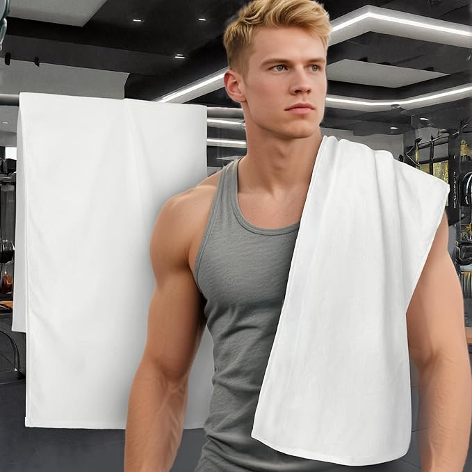 White Workout Towels for Gym (2PC, 16"x43") - 100% Cotton, Breathable, Soft & Absorb - Sweat Towel for Men & Women, Sports Hand Towel for Yoga, Shower, Tennis, Running, Exercise & Fitness