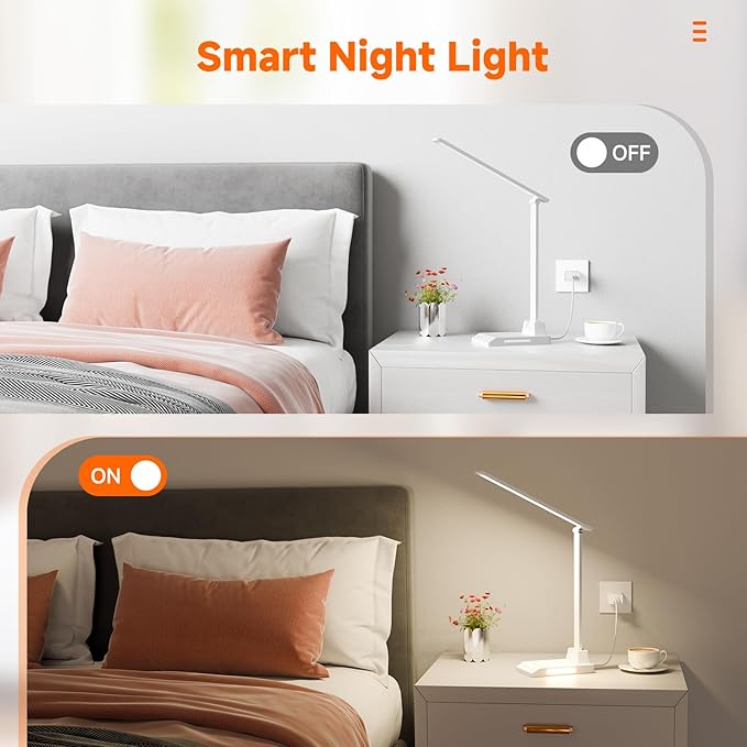 ShineTech LED Desk Lamp for Home Office, Dimmable Desk Light with 25 Lighting Combinations and USB Port, Memory and Timer Folding Reading Light for Study Nightstand, White