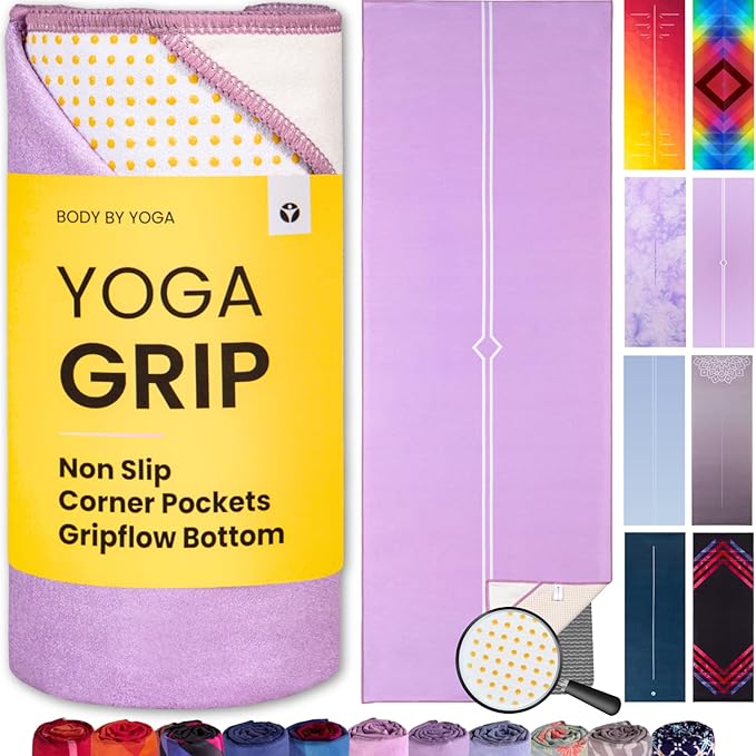 Yoga Grip Yoga Towel - Non Slip Hot Yoga Mat Towel With Corner Pockets, No-Skid Grip, and Built-in Alignment Lines | Soft, Moisture Wicking, and Sweat Absorbent | No Bunching, Stays in Place 72" x 25"