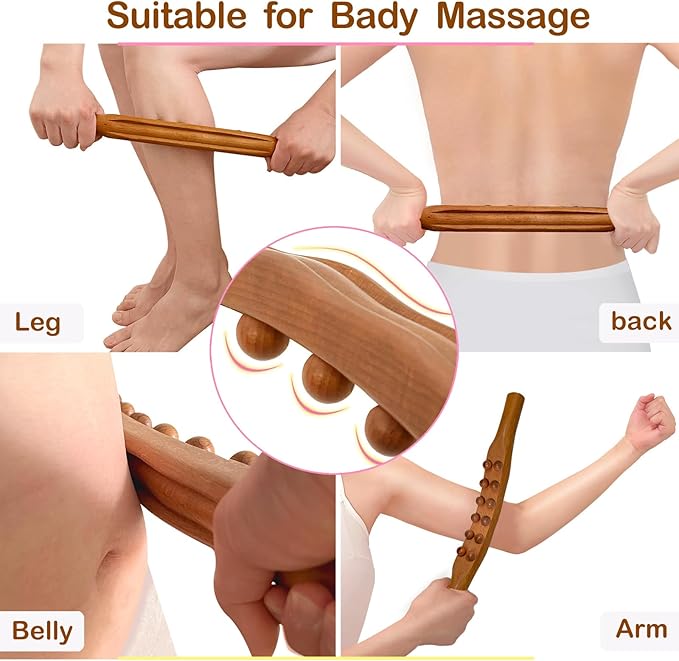 Wood Therapy Massage Stick, 2 in 1 Double Row 12 Beads Maderoterapia Kit Wood Gua Sha Massage Tool, Wooden Gua Sha Lymphatic Drainage Massager Tool for Body Shaping