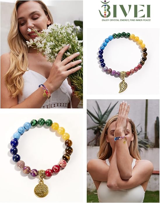 Bivei Natural Semi Precious Gemstone beads bracelet for women - Life Tree and Leaf Charm Energy Reiki Crystal Stretch Bracelets