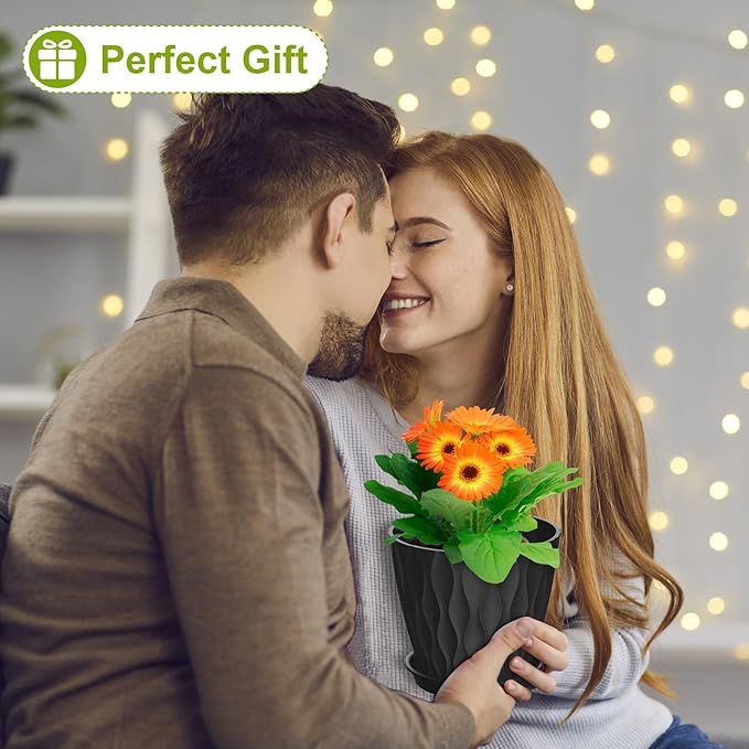 6 inch Plant Pots, 5 Pack Flower Pots for Indoor Outdoor Plants, Water Ripples Plastic Planters with Drainage Holes and Saucers, Nursery Pots for Small Succulent Garden House Plants, Black