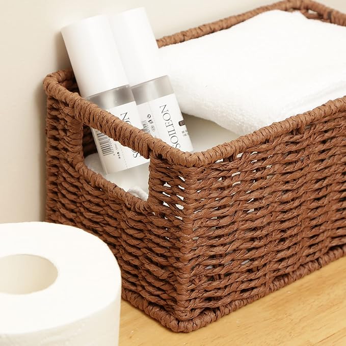 HOONEX Woven Baskets for Storage, Paper Rope Baskets with Sturdy Metal Wire Frame, Baskets for Shelves, Set of 2, Dark Brown