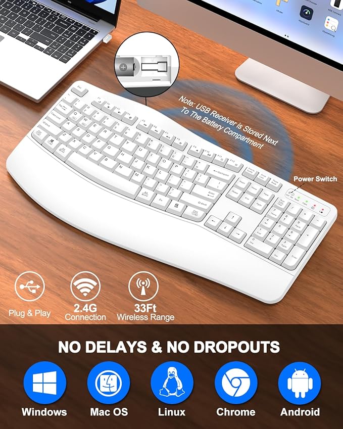 Ergonomic Wireless Keyboard with Wrist Rest, Wave Keys, Comfortable Natural Typing, 2.4GHz Full Size Ergo Wireless Computer Keyboard for Multi-OS, Windows, Mac OS Laptop/PC/Notebook (White)