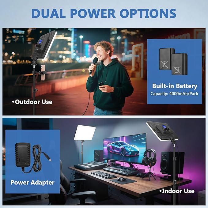2 Pack Led Video Light Kit, 4000mAh Rechargeable Lithium Battery, Light Panel 2500k-8500k 2200Lux 79 inches Light Stand for Studio Photography Light Video Recording Game Live Streaming