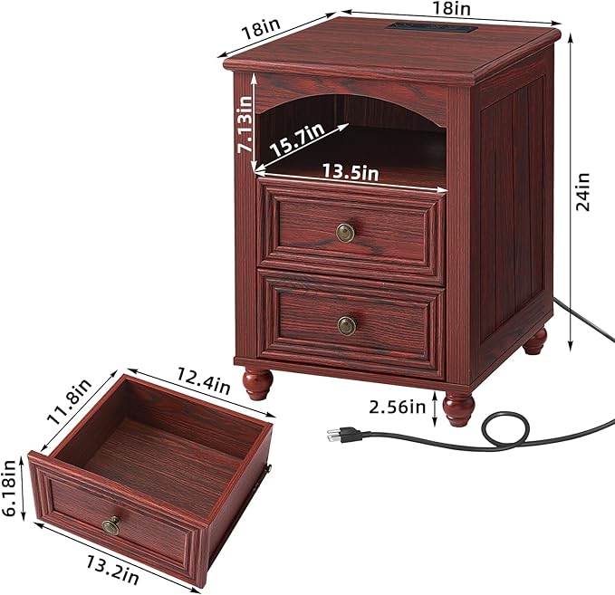 18" Farmhouse Night Stand with Charging Station, Wood Nightstand with 2 Drawers, Rustic Bedside End Table with Shelf Storage, Bed Side Tables Cabinet for Bedroom, Living Room, and Closet
