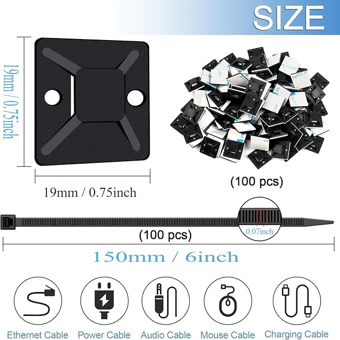Zip Tie Mounts - SeuYeugX 100PCS Cable Self Adhesive Mounts Set for Wire Management with Stick Pads Anchors Clips Squares Holders (Black)