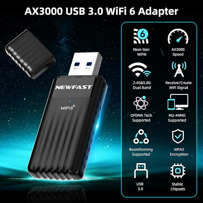 NEWFAST WiFi 6 Adapter for Desktop PC NF-U351, AX3000 USB 3.0 WiFi Adapter for PC, Dual Band Wireless Network Adapter, MU-MIMO, OFDMA, WPA3, Supports Windows 11/10,Portable Design