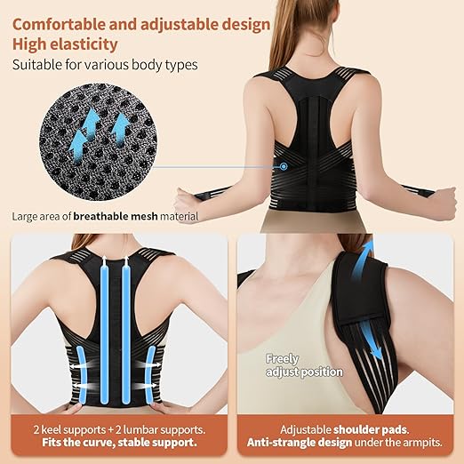 Posture Corrector for Women and Men, Back Support Brace for Neck Shoulder & Upper and Lower Back Pain Relief, Invisible Adjustable Lightweight Posture Corrector Under Clothes(Black, Large)