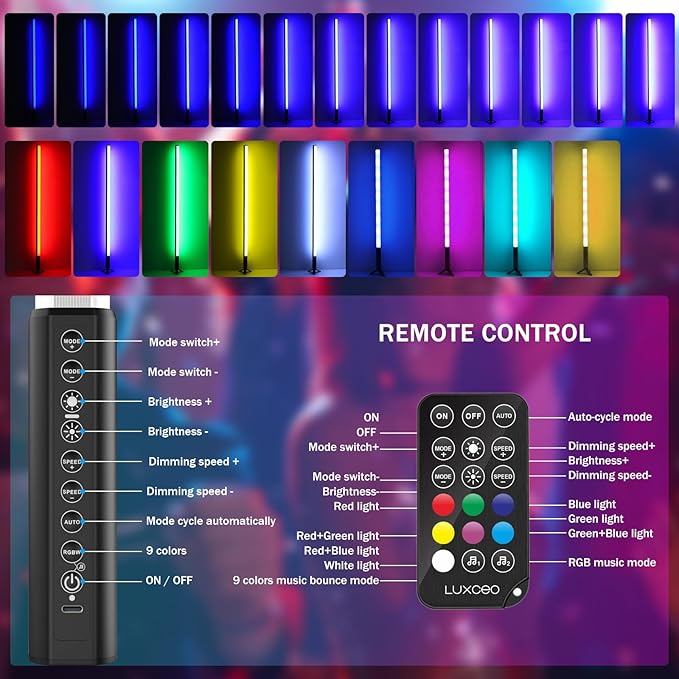 4Pack RGB Tube Light Bar with Stand, Battery Powered LED Video Light Wand Stick for DJ Lighting, Dance Club and Photography Lighting