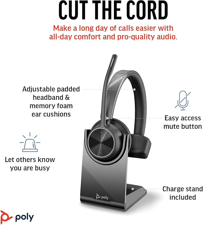 Poly Voyager 4310 UC Wireless Headset & Charge Stand (Plantronics) - Single-Ear Bluetooth Headset w/Noise-Canceling Boom Mic - Connect to PC/Mac/Mobile - Works w/Teams, Zoom, & More - Amazon Exclusive