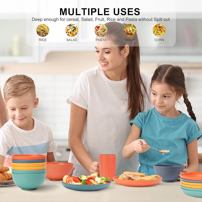 HOTEC 20-Pack Unbreakable Kitchen Plastic Wheat Straw Dinnerware Set – BPA-Free Plates, Bowls & Cups | Lightweight, Microwave & Dishwasher Safe | Multicolor Reusable Tableware for Home & Outdoor Use