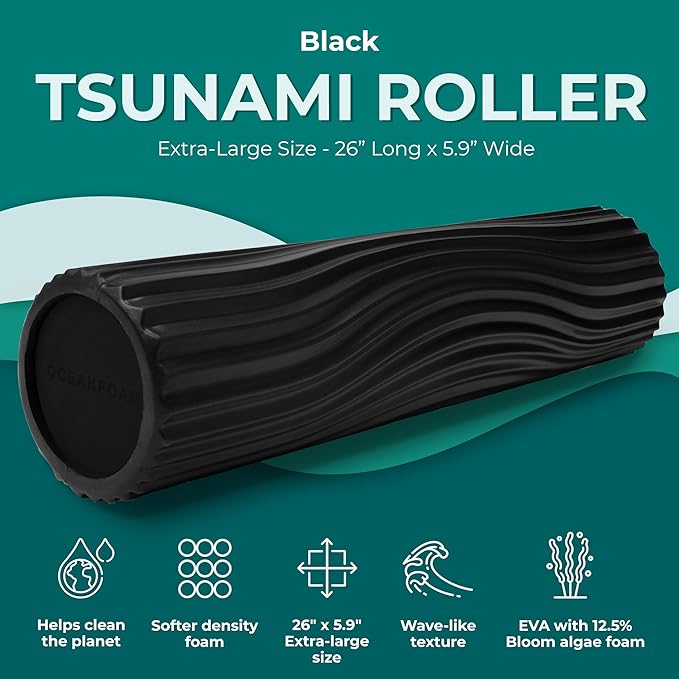 Oceanfoam Tsunami Roller (Black) - Soft, Textured Foam Roller for Physical Therapy, Back Pain, Excercise & Stretching - Wave Textured - Yoga, Athletics, & Wellness - Extra-Large, 26" x 5.9"