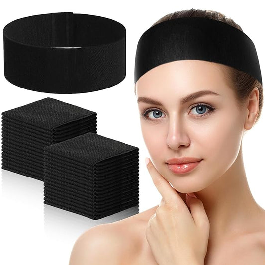 Waydress 140 Pieces Disposable Spa Facial Headbands with Convenient Closure, Stretch Facial Headwraps Soft Skin Care Hair Band for Women Salons(Black)