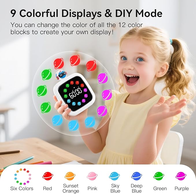 Yunbaoit Digital Visual Timer for Kids, Rechargeable 99-Minute Silent Countdown Timer with 19 Ringtones, 9 Optional DIY Color Planet Display, Time Management Tool with Pause Function (Robot)