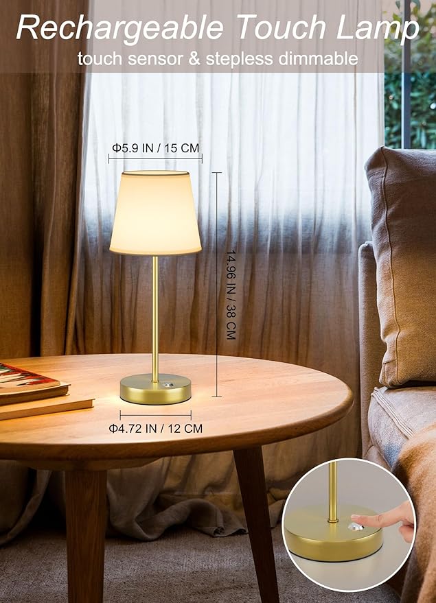 2 Pack Cordless LED Table Lamps, Battery Operated Fabric Shade Desk Lamp, 3 Color Stepless Dimmable Rechargeable Lamp for Dinner/Restaurant/Bedroom/Bars/Camping(Gold)