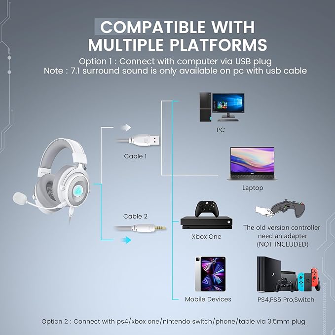 EKSA USB Gaming Headset for PC, Computer Headphones with Detachable Noise Cancelling Microphone, 7.1 Surround Sound, 50MM Driver, Wired Headset with Mic for PS4/PS5, Xbox One, Laptop, Work