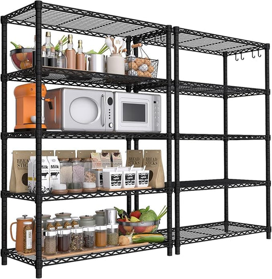 PrimeZone Wire Metal Storage Shelves - 5 Tier Adjustable NSF Certified Heavy Duty Garage Shelving Unit Organizer Rack, Steel Utility Shelf for Kitchen, Pantry, 35.5" W x 14" D x 72" H, Black, 2 Packs