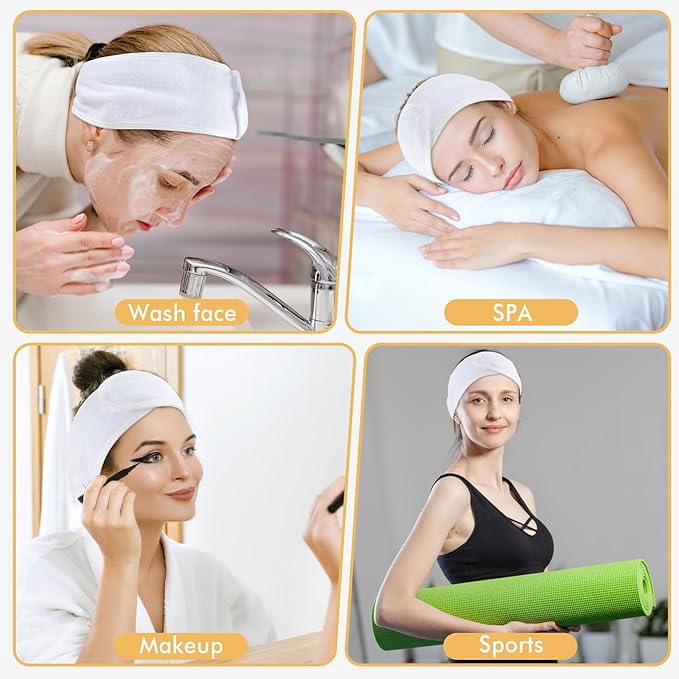 SINLAND Spa Headband for Women Ultra Soft Adjustable Makeup Hair Band with Magic Tape, Stretch Head Wrap for Bath, Shower, Facial Mask, Yoga