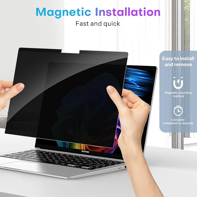 OMOTON Magnetic Laptop Privacy Screen 16 Inch 16:10, Anti-Spy Filter, Matte Anti Glare Blue Light Protector, Easy Install & Remove