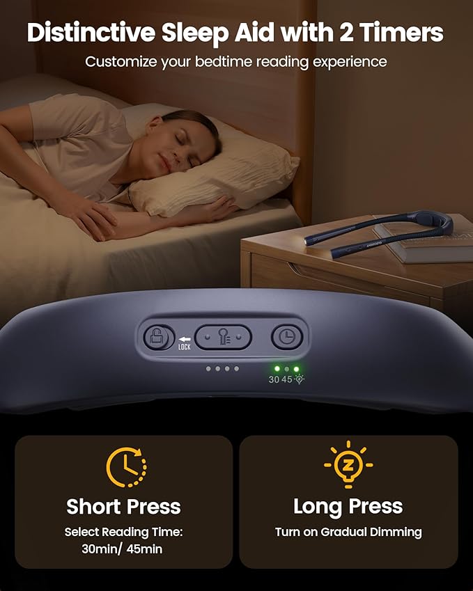 Glocusent Ergonomic Reading Light, 1600mAh Rechargeable Book Light for 100 Hrs - 3 Colors & 5 Brightness, Neck Light with Timers, Sleep Aid & Travel Lock, Perfect for Reading, Knitting & Craft