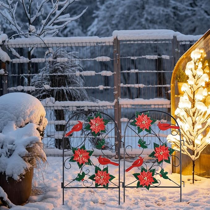 hogardeck Outdoor Christmas Decorations, 2 Pcs Metal Fence Floral Decorative Garden Stakes with Poinsettia Red Birds for Christmas Decor, Yard Signs for Garden Lawn Patio Home