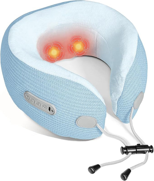 Electric Neck Massager,Portable Travel Pillow with Massage and Heat,Rechargeable Vibrating Neck Pillow Massager,Perfect for Pain Relief at Home, Office,Travel,Fathers Day Gift Ideas(Blue)