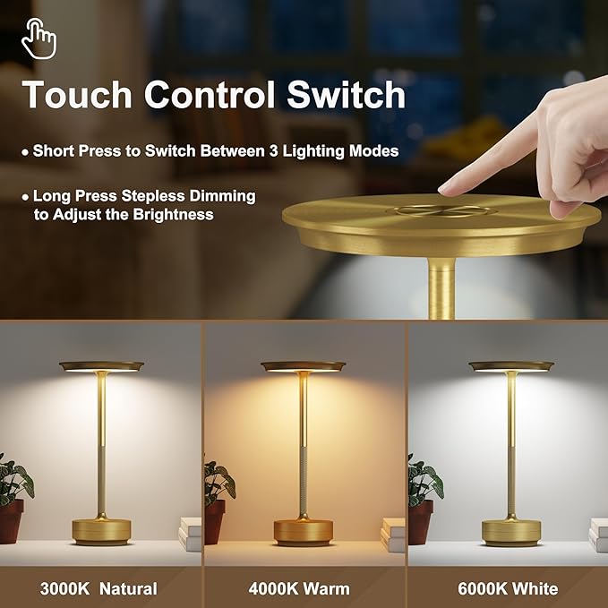 LED Rechargeable Cordless Table Lamp, Battery Operated Stepless Dimming Modern Portable Outdoor Table Light for Dining Restaurant Patio.(Brushed Gold)