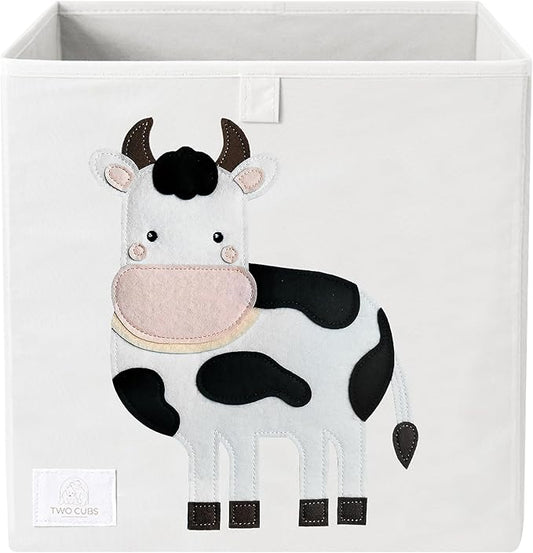 Two Cubs Foldable Kids Toy Storage Box - 13"x13" Cube Organizer Bin with Durable 2.6mm Plastic Plate Boards, Cow Design in White - Collapsible Nursery & Playroom Storage, Fits IKEA Kallax Shelves