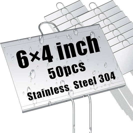 Landhoow 50 Pcs Large Garden Plant Markers Metal Plant Labels Sign 4'' x 6'' with 11'' Stake Weatherproof Waterproof Garden Sign for Outdoor Seedlings Herbs Vegetable Greenhouse, Silver